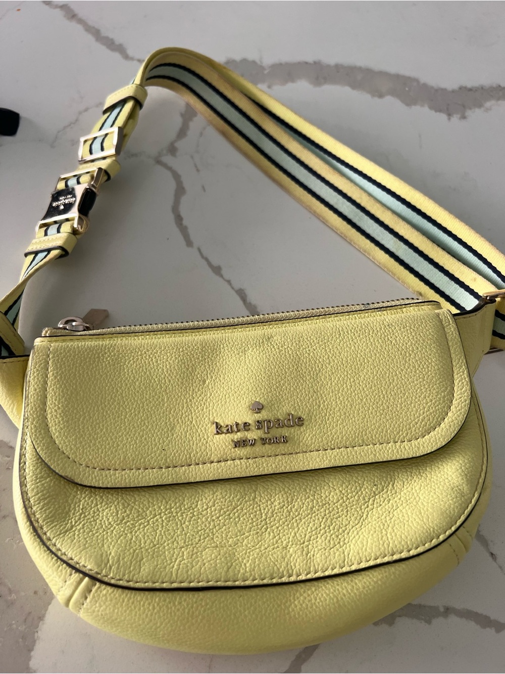 kate spade Lemon Yellow Leather Fanny Pack Belt Bag with Striped Strap
